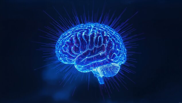 Floating holographic brain displaying neural network lines in digital space, with particle bursts - Powered by Adobe