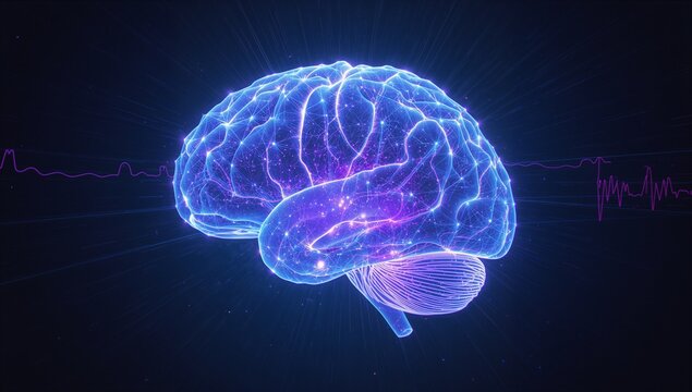 Floating neon brain showing network lines, bright points, light rays in void, with purple waveform