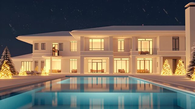 contemporary architectural structure flat roof and pool area, emphasizing tranquil, modern aesthetic with clear water and smooth pavement architectural