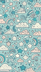 Cute nursery sky seamless pattern — clouds, stars, and rainbows, teal & coral