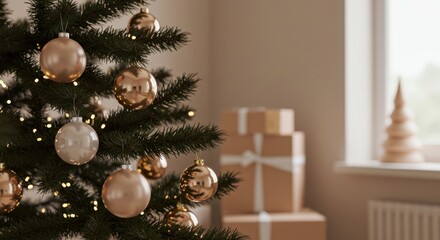 Elegant Christmas tree with minimalist ornaments in warm pastel tones 