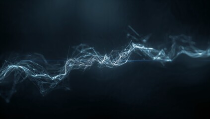 Flowing network wave moving across deep blue-black backdrop, with glowing nodes and particle traces