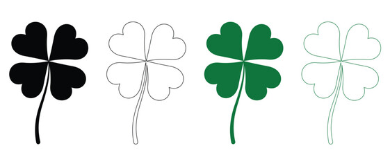 Good luck four leaf clover flat icon set.   Lucky Shamrock Silhouettes for St. Patrick's Day and Good Fortune . isolated on transparent background.