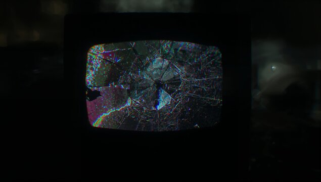 Flickering CRT television set displaying glitch patterns in abandoned basement, with web cracks