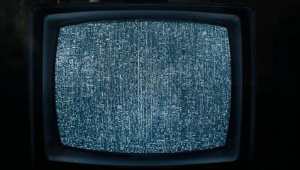 Displaying CRT television screen showing blue static in dimly lit room, with curved glass bezel