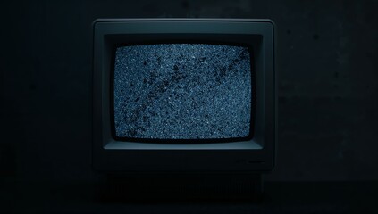 Displaying blue-black static noise, CRT monitor sitting atop tabletop in dim room, with rough wall