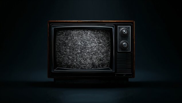 Displaying vintage CRT television showing static noise in dim studio, wooden casing and knobs