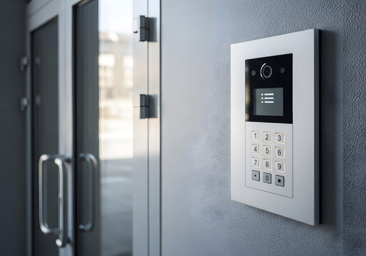 Modern intercom system on the wall near entrance door of residential building