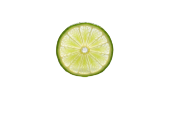 Perfectly sliced vibrant lime green wheel with translucent flesh and delicate white pith, resting in crystal-clear water with ripples, isolated on a clean transparent background, concept of pristine