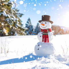 Obraz premium Snowman in snowy landscape with hat and scarf during winter season