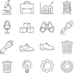 Collection of black and white line art vector icons featuring business tools scientific equipment and everyday objects isolated on white background