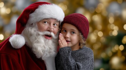 A santa with a red hat and a beard is talking to a little girl