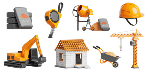 House construction site design elements 3d render icon set. Block building, excavator, crane, concrete mixer, stack of cement bags, wheelbarrow with sand, helmet and tape measure