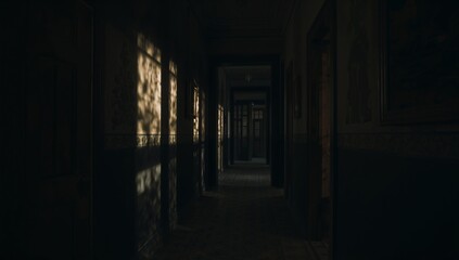 Casting light shadows along narrow corridor, with framed art, doors, tiles, wainscoted wallpaper