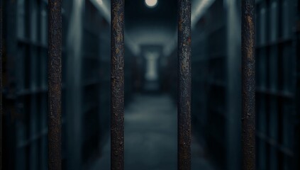 Framing rusted metal bars revealing narrow prison corridor, concrete walls and round overhead light
