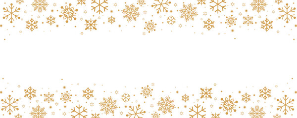Elegant gold and tan snowflake border design for header/footer, featuring various sizes of flakes and stars on a white background. Perfect vector frame for Christmas and winter themes.