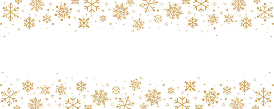 Elegant gold and tan snowflake border design for header/footer, featuring various sizes of flakes and stars on a white background. Perfect vector frame for Christmas and winter themes.