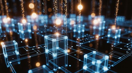 Futuristic glowing city grid with abstract digital cubes and light trails