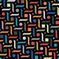 Seamless repeating pattern with a retro design of small multicolored geometric shapes on a black background in a mosaic style. Vector illustration for textile, wrapping, wallpaper, and decoration. 