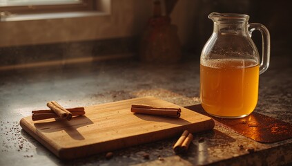 Highlighting cutting board holding three cinnamon sticks on kitchen counter, with glass pitcher