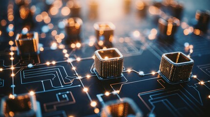 Close up of glowing electronic circuit board with intricate pathways and components
