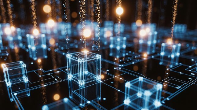 Futuristic glowing city grid with abstract digital cubes and light trails