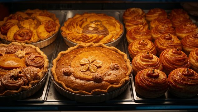 Displaying pie with leaf motifs, rosettes on metal trays in bakery glass case, with spiral pastries