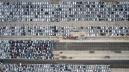 Aerial top down view of new cars parked at Haydarpasa port in Istanbul, Turkey