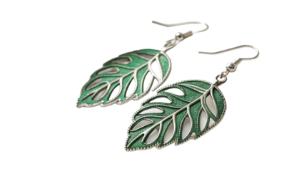 Leaf green color silver earring cut out on PNG. AI GENERATED.