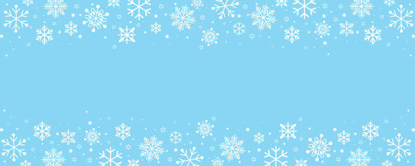 Horizontal banner with white snow flakes and stars framing a blue background. Elegant, simple vector design ideal for winter holiday headers, footers, and announcements.