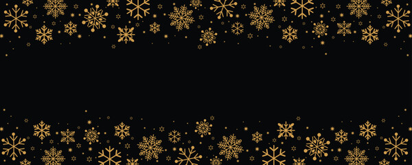 Horizontal banner with gold snowflakes and stars framing a black background. Elegant, simple vector design ideal for winter holiday headers, footers, and announcements.