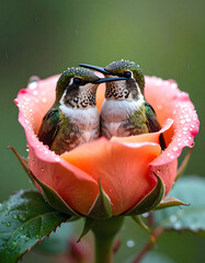Two hummingbirds nestled inside a delicate pink rose flower with raindrops