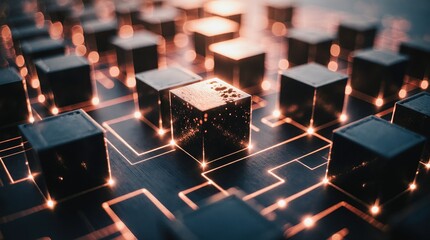 Abstract glowing circuit board with interconnected cubes and light trails