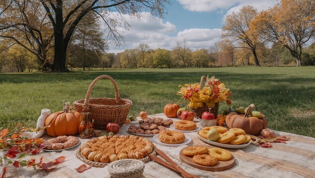 Displaying picnic spread featuring pumpkins, apples, pastries and autumn leaf bouquet in meadow - Powered by Adobe