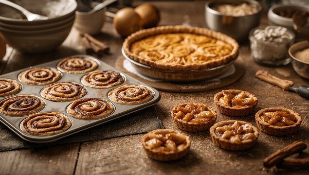 Displaying muffin tin with cinnamon buns on kitchen table with lattice pie, apple tarts, copy space - Powered by Adobe