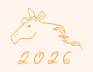 Gold horse silhouette and new 2026 year hand written quirky lettering. Cute and whimsical happy new year glitter text. Isolated vector clipart illustration