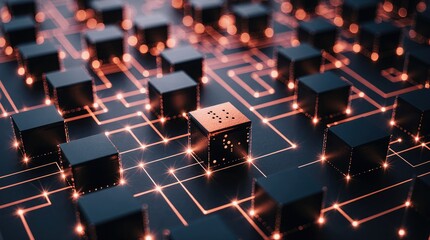 Obraz premium Abstract network of glowing circuits and dark cubes representing technology and data