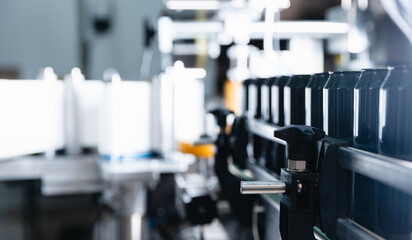 Modern beer factory production line with conveyor and machinery, banner brewery food industry