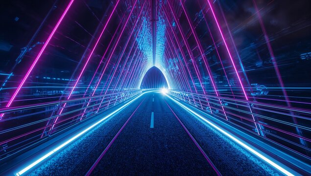Glowing futuristic corridor enclosing asphalt road inside neon tunnel, with triangular frames