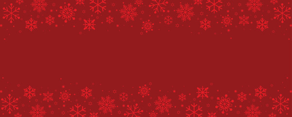 Horizontal banner with light red snowflakes and stars framing a red background. Elegant, simple vector design ideal for winter holiday headers, footers, and announcements.