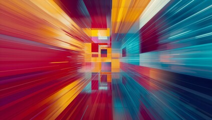 Forming geometric tunnel converging in digital corridor, featuring multicolor prisms and beams