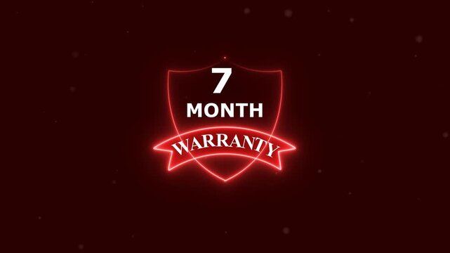 Glowing neon line 7 Month Warranty Badges Design Animation, Alpha channel, transparent background. 4K resolution 7 month Warranty with Shield guarantee Support service icon. Customer trust quality