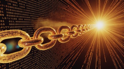 Digital blockchain network with glowing chain and data stream