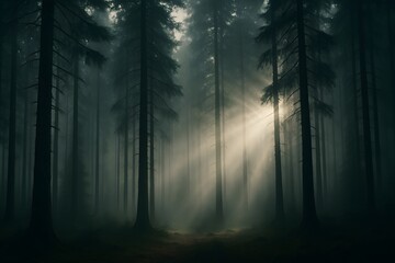 Obraz premium Sunlight streams through a dense, foggy forest, illuminating the trees and mist