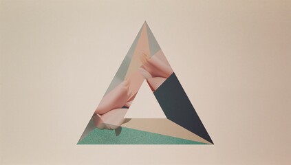 Featuring triangular cutout collage on pale pink field, with floral petals and textured green plane
