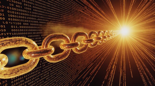 Digital blockchain network with glowing chain and data stream