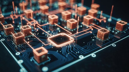 Close up of a futuristic glowing circuit board with intricate connections