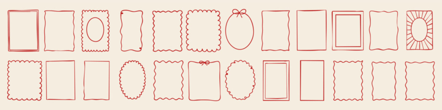 Collection of 24 red hand drawn frames in various shapes: rectangles, ovals, scalloped and wavy borders. Minimal doodle style perfect for Christmas cards, invitations, and gift tags