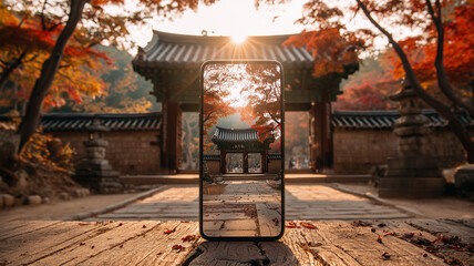 スマホ越しに見る秋の神社参道の様子