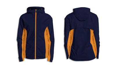 Stylish blue and orange windbreaker jacket for active lifestyle and outdoor adventures front and back view © resource image